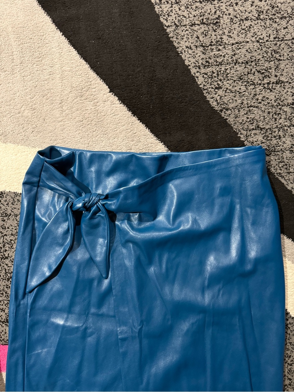 Blue Faux Leather Midi Skirt with Front Tie - Picture 2 of 3